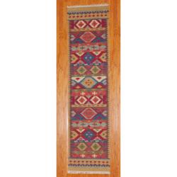 Indo Hand-knotted Kilim Blue and Red Wool Rug (2'6 x 10)