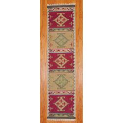 Indo Hand-knotted Kilim Ivory/ Green Wool Rug (2'6 x 10)