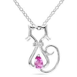 Silver Created Pink Sapphire and Diamond Necklace (H-I, I3) (1/3ct TGW)