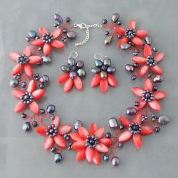 Modish Red Lily Mother-of-Pearl Freshwater Pearl Floral Jewelry Set (Thailand)