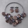 Sterling Silver Black Leopard Pearl Floral Jewelry Set (3-13 mm)(Thailand)