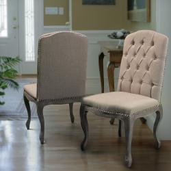 Beige Tufted Fabric Weathered Hardwood Dining Chairs (Set of 2)