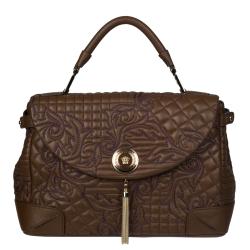 Versace Brown Embroidered Leather Satchel
