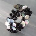 Silvertone Black Mother of Pearl and Onyx Floral Cuff Bracelet (Thailand)