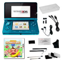 Nintendo 3DS Aqua Blue Bundle with Super Monkey Ball and 20 Accessories