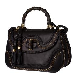 Gucci New Black Leather and Bamboo Large Top Handle Bag 