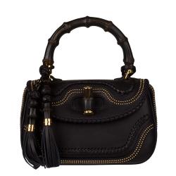 Gucci New Black Leather and Bamboo Top Handle Satchel