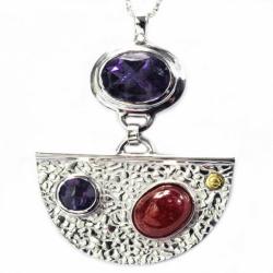 De Buman 18k Yellow Gold and Sterling Silver Amethyst and Ruby Necklace