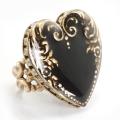 Sweet Romance Bronze-Tone Black Enamel and Crystal Heart Ring