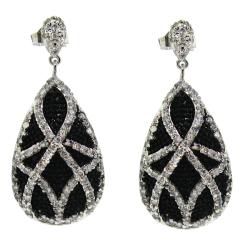 Sterling Silver Clear Cubic Zirconia Black Beaded Pear-shaped Earrings