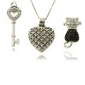 Sterling Silver Diamond Accent Key, Heart and Cat 3-piece Pendant Set