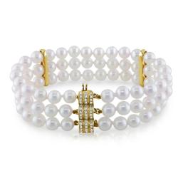 14k Yellow Gold 3/8ct TDW Diamond and Akoya White Pearl Bracelet