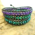 Chic Mix Amethyst-Malachite Triple Wrap Leather Bracelet (Thailand)