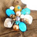 Floral Cluster Blue Turquoise and Pearl Brooch Pin (Thailand)