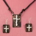Handcrafted Pewter Coppertone Twig Cross Multicolor Cord Necklace and Earrings Set (India)