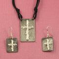 Handcrafted Pewter Silvertone Twig Cross Cord Necklace and Earrings Set (India)