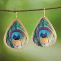 Silvertone Enamel Peacock Feather Print Teardrop Earrings (India)