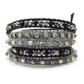 Silver-Black Facets Hematite-Onyx Snake Cord Leather 5-Wrap Bracelet (Thailand)