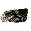 Women's Black Leather Rhinestone Cross Belt