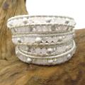 White Purity Milky Quartz-White Turquoise Leather 5-Wrap Bracelet