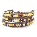 Brown-Yellow Medley Jasper Triple Wrap Braided Leather Bracelet (Thailand)