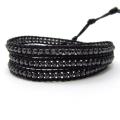 Black Facets Hematite Genuine Black Leather 3-Wrap Bracelet (Thailand)