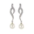 Sunstone Sterling Silver Faux Pearl and Cubic Zirconia Wavy Earrings
