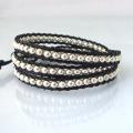 Sublime Metallic Round Silver Beads Triple Wrap Black Leather Bracelet (Thailand)