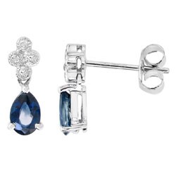 14k Gold Blue Sapphire Diamond Oval Drop Earrings