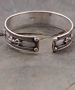White Metal Tibetan Script Bracelet (Nepal)