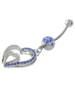 Steel Dangling Jeweled Hearts Curved Belly Barbell