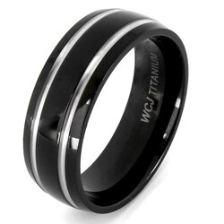 Men's Black-plated Titanium Domed and Grooved Ring