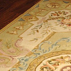 Handmade Bouquet Soft Green/ Beige Wool and Silk Rug (7'6 x 9'6)