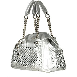 Versace Metallic Silver Woven Leather Satchel