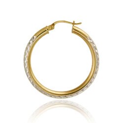 18k Yellow Gold and Sterling Silver Diamond-cut Hoop Earrings