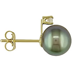 14k Gold Black FW Pearl and Diamond Earrings (7-7.5 mm)