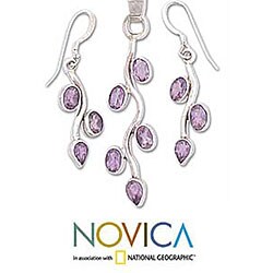 Silver Amethyst 'Purple Rose' Necklace/ Earring Set (India)