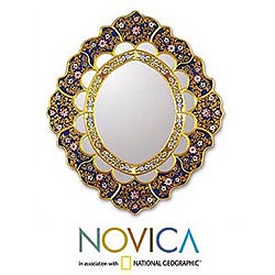 Painted Glass 'Golden Garden' Blue Mirror (Peru)