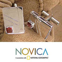 Sterling Silver Garnet 'Modern Geometry' Cuff Links (India)