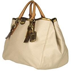 Prada Beige and Bronze Large Canvas Tote