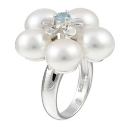 Sterling Silver FW Pearl and Blue Topaz Flower Ring (10-10.5 mm)