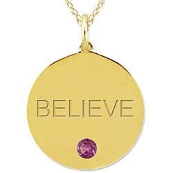 10k Gold June Birthstone Rhodolite Engraved 'BELIEVE' Necklace
