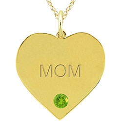 10k Gold August Birthstone Peridot Engraved 'MOM' Heart Necklace