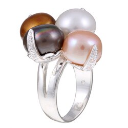 Sterling Silver Multi-color Freshwater Pearl and Cubic Zirconia Ring (11-12 mm)