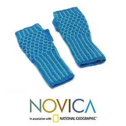 Alpaca Wool 'Turquoise Honeycomb' Fingerless Mitts (Peru)