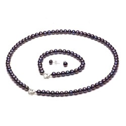 Black FW Pearl 3-piece Jewelry Set with White Leatherette Box (6-7 mm)