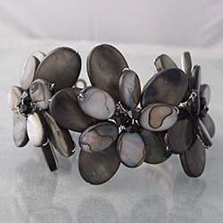 Black Mother of Pearl, Abalone, Pearl Flower Cuff Bracelet (Thailand)