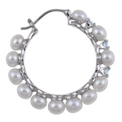 Sterling Silver Freshwater Pearl and Blue Topaz Hoop Earrings (6-7 mm)