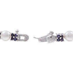Sterling Silver White Freshwater Pearl and Sapphire Link Bracelet (6 mm)