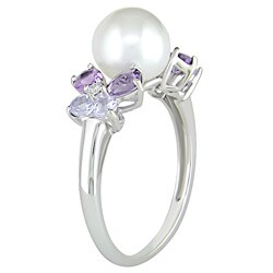 10k Gold FW Pearl, Amethyst, Tanzanite and Diamond Ring (7.5-8 mm)